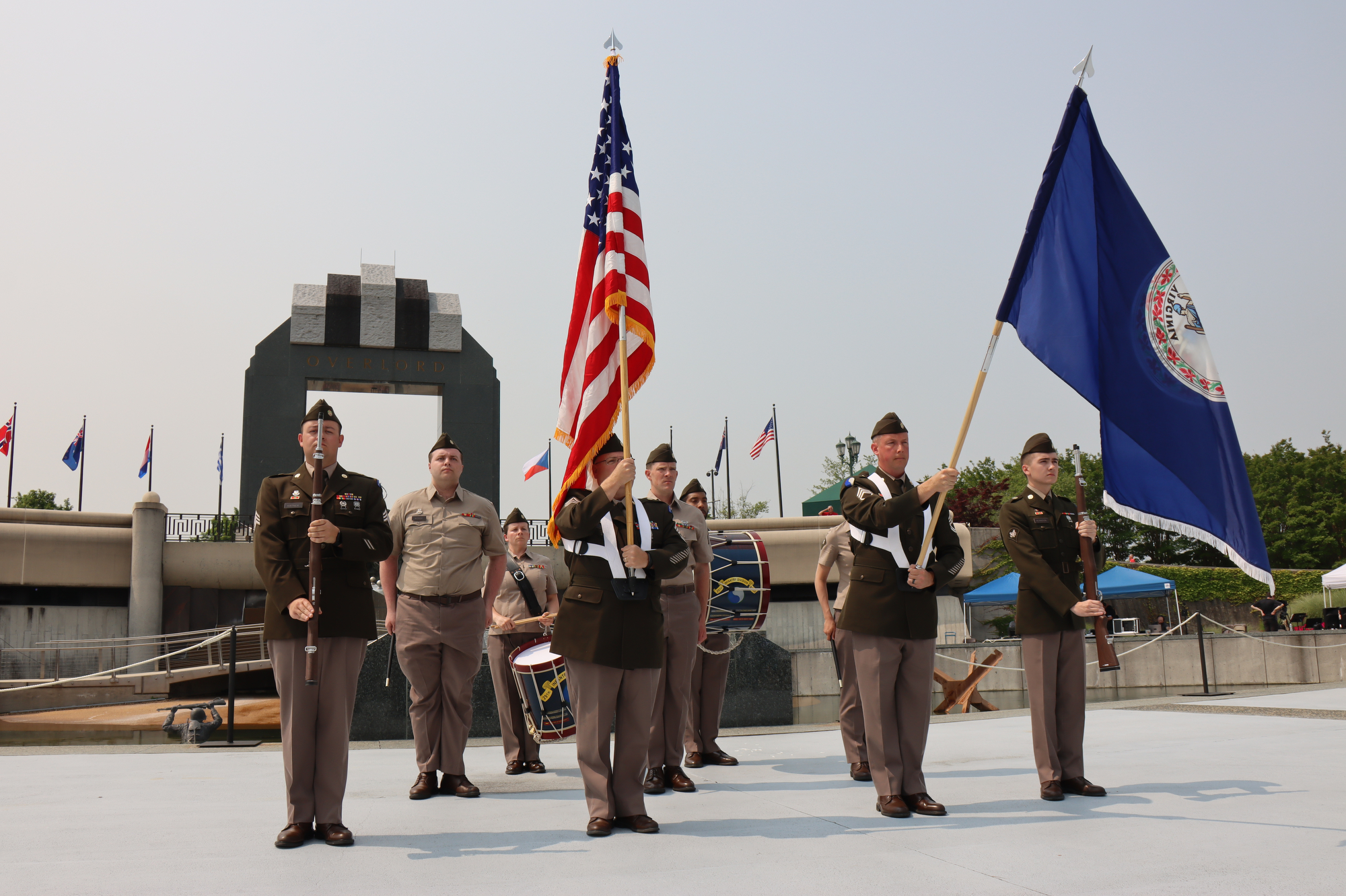Soldiers assigned to the Troutville-based 29th Infantry Division Band perform ceremonial music and provide a color guard and fife and drum team to help pay tribute to the valor, fidelity and sacrifice of the Allied Forces who participated in the June 1944 invasion of Normandy and commemorate the 79th anniversary of D-Day June 6, 2023, at the National D-Day Memorial in Bedford, Virginia. 